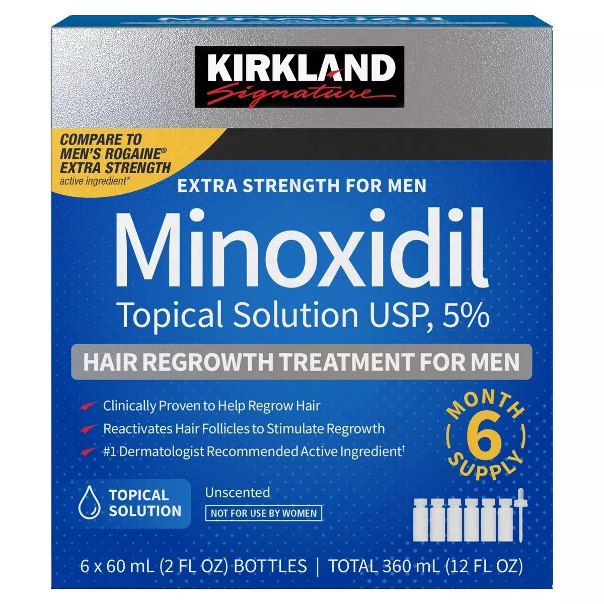 Kirkland Liquid 5% Minoxidil Hair Regrowth Treatment Extra Strength (Rogaine Equivalent), 6 Month Supply, Sealed Box, Expiry +04/2028
